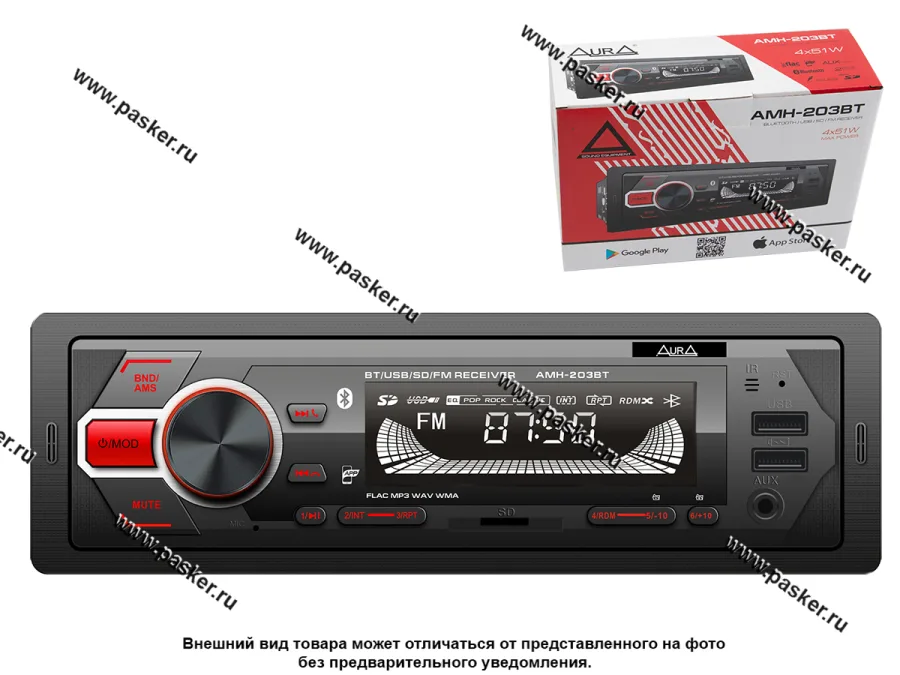 Автомагнитола AURA USB/Bluetooth/SD/FM 4х51W красная подсветка AMH/FIREBALL-203BT